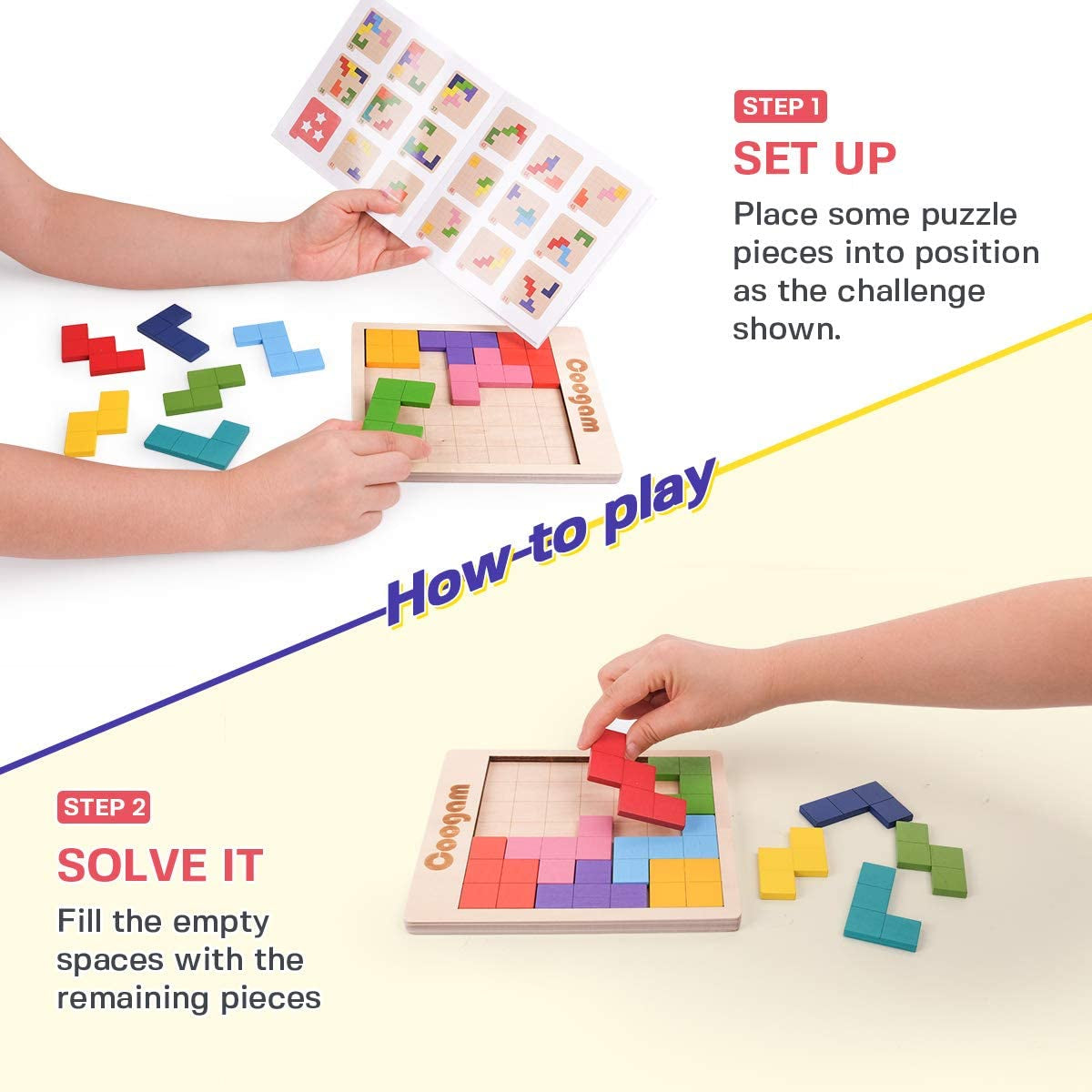 Wooden Puzzle Pattern Blocks Brain Teasers Game with 60 Challenges, 3D Russian Building Toy Wood Tangram Shape Jigsaw Puzzles Montessori STEM Educational Toys Gift for Kids Adults