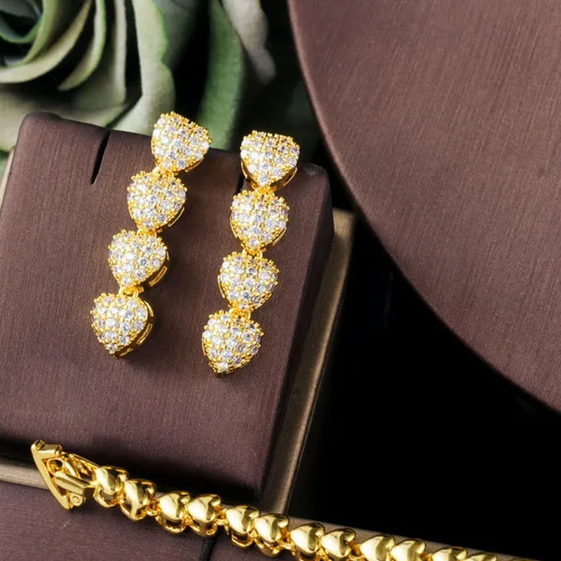 CANDICE Romantic Heart Charm Drop Necklace Earrings Bracelet Set with Cubic Zirconia Gold Filled Women Ethiopian Jewelry Set for Banquet Party