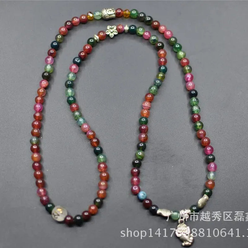 Lucky 6Mm Tourmaline Agate 108 BEADS BRACELET HANDMADE Agate Vingage Silver Plated Necklace