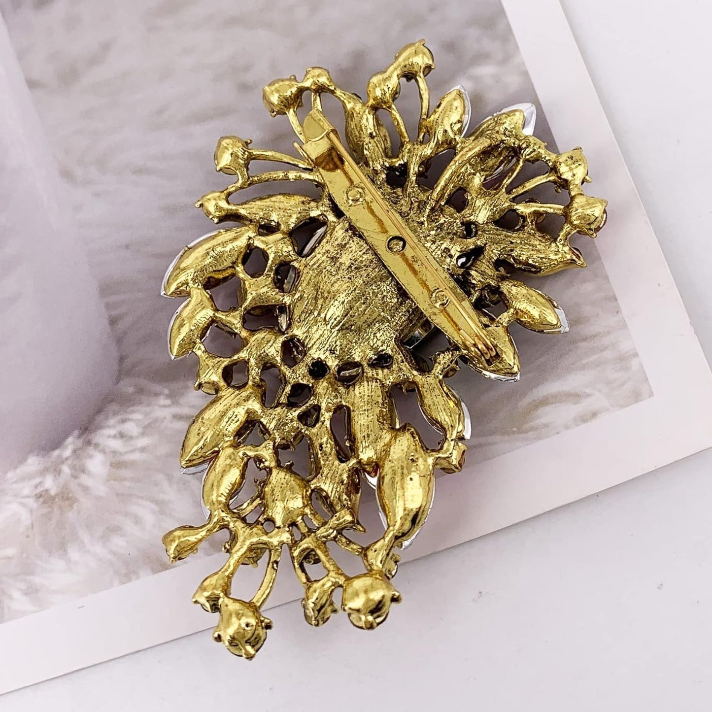 Leaf Scarf Statement Big Brooch Pin Rhinestone Crystal Antiqued Gold Tone