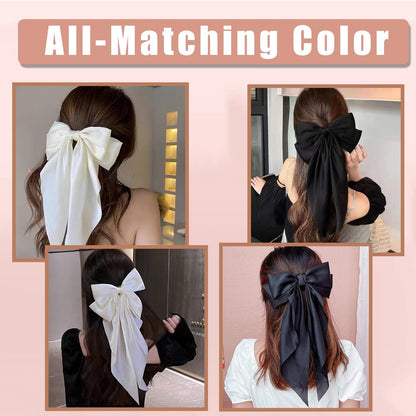 Hair Bows 2 PCS Ribbon Bow for Women and Girls, Oversized Long-Tail Cute Aesthetic, Large Hair Barrettes (Black White)