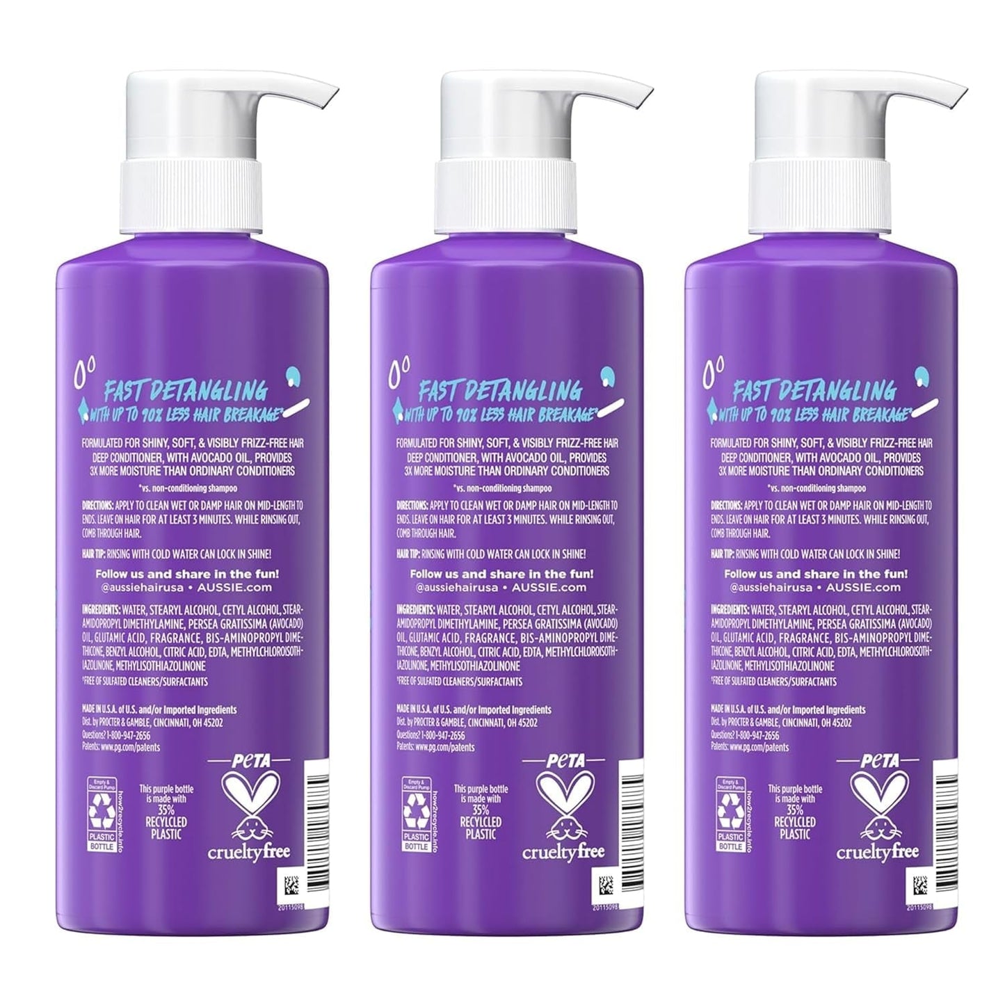 3 Minute Miracle Moist Deep Conditioner for Dry Hair, Avocado & Jojoba Oil, Safe for Color Treated Hair, Nourishing Hydration, Silky Shine, Paraben-Free, 16 Fl Oz Each, Triple Pack