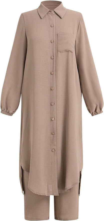 Women'S Muslim 2 Pieces Sets Long Sleeve Button down Shirt and Pants Abaya Casual Dress Dubai Outfits