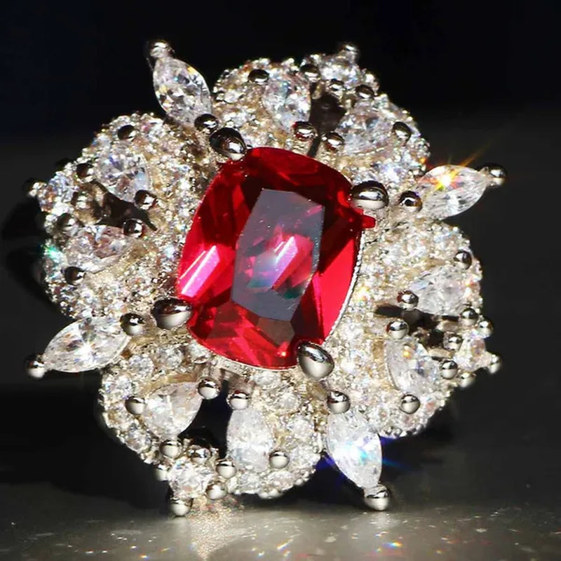 Gorgeous Silver Natural Gemstones White Sapphire & Ruby Ring Wedding Birthstone Bride Engagement Multilevel Square Ring Jewelry Size 6 7 8 9 10
