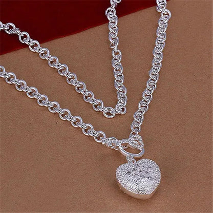 925 Sterling Silver Cute Crystal Heart Pendant Bracelet Necklace Set for Woman Wedding Engagement Party Charm Jewelry Gift