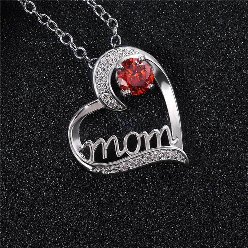 Love Mum Silver Plated Ruby MOM Character Emerald Necklace Jewelry Family Birthday Best Gift for Mother Mummy Party Wedding Band Necklace Christmas Gift