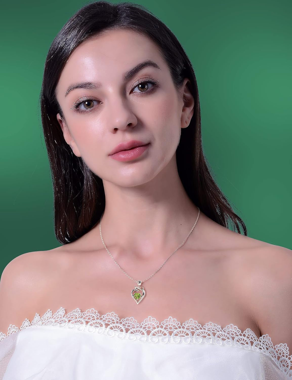 Fine Jewelry Birthstone Natural Peridot Necklace Sterling Silver Rose Flower Heart Gemstone Pendant Anniversary Birthday Gifts for Women Her Wife Mom