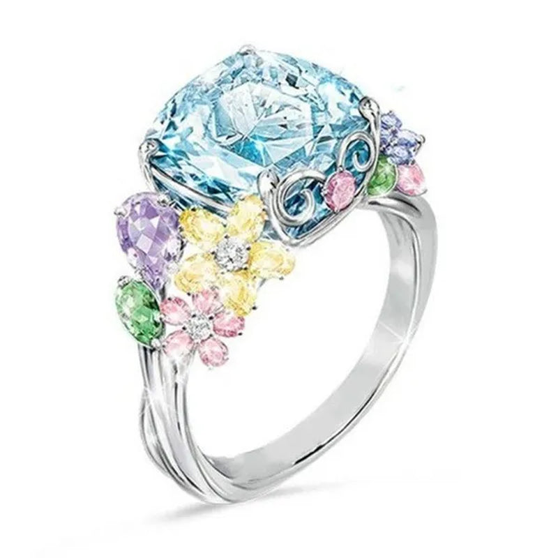 Unique Flower Silver Multicolor Gemstone Aquamarine Square Princess Ring Woman Engagement Ring Anniversary Statement Natural Gemstones Pink Sapphire Ring