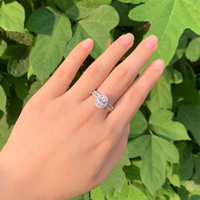Newshe Halo Oval Cut AAAAA Cubic Zircons Trendy Jewelry Wedding Engagement Ring Set For Women Solid 925 Sterling Silver Sz 4-13