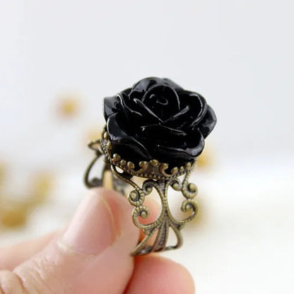 Gothic Black Rose Resin Vintage Hollow Out Alloy Rings fashion jewelry accessories