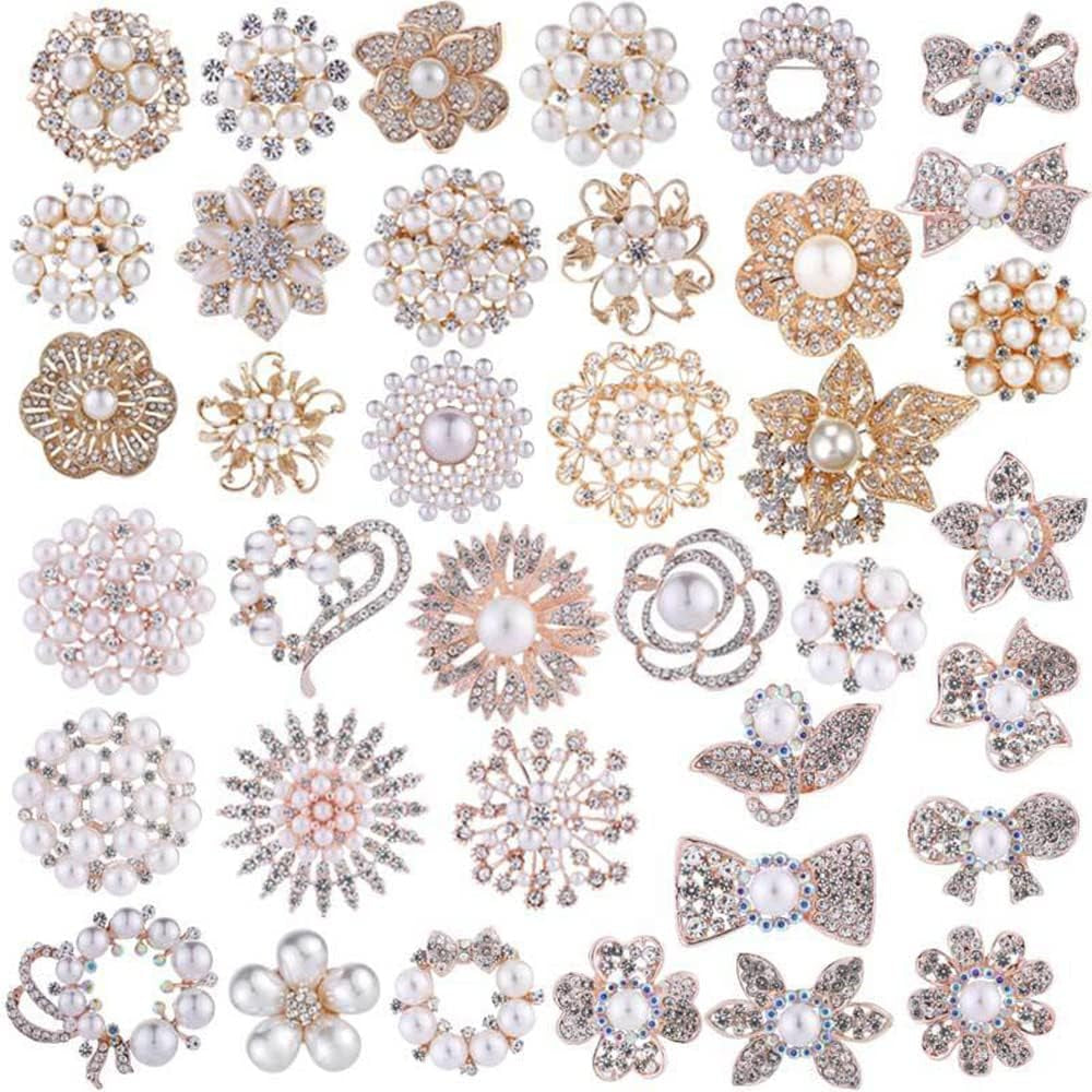 Chamvino 4PCS Pearl Rhinestone Brooch Flower Diamond Pin Wedding Jewelry Suit Collar Pin Silk Scarf Buckle Collar Pin Silk Scarf Buckle Double Use for Girls Women