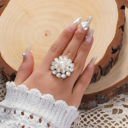 Vintage CZ Flower Pearl Statement Ring for Women Girls Gold Plated Adjustable Expandable Cubic Zirconia Imitation Pearls Open Wrap Promise Engagement Rings Comfort Fit Wedding Mother'S Day Jewelry - WORLD TIME VISITS