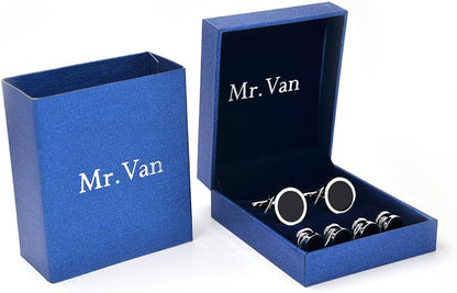 Onyx Cufflinks and Studs Set Formal Black Silver Groomsmen Groom Wedding Gift Cuff Links