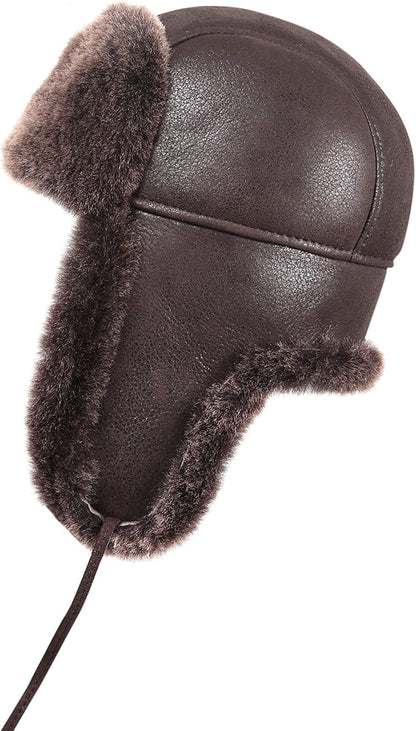 Leather Aviator Shearling Ushanka Trapper Hat Russian Sheepskin Cap Real Fur Winter Hat with Ear Flaps for Men Women - WORLD TIME VISITS