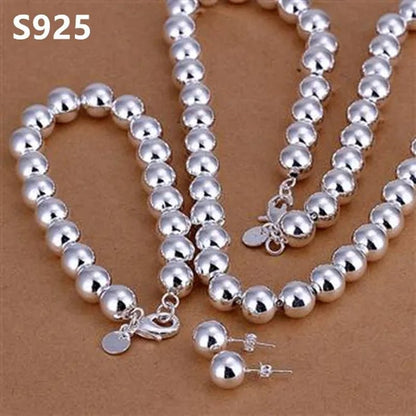 3Pcs 925 Sterling Silver 8MM Buddha Beads Earring Bangle Bracelet Necklace Jewelry Set - WORLD TIME VISITS