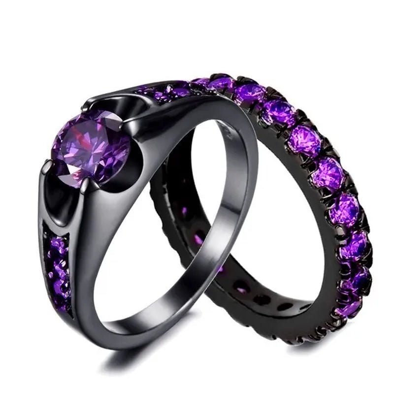 3PCS Amethyst Couple Rings 18k Black Gold Plated Womens Wedding Rings Sets and 8mm Titanium Steel Men Engagement Promise Band Party Ring - WORLD TIME VISITS