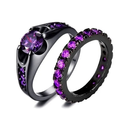 3PCS Amethyst Couple Rings 18k Black Gold Plated Womens Wedding Rings Sets and 8mm Titanium Steel Men Engagement Promise Band Party Ring