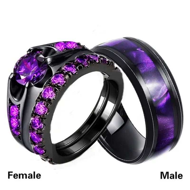 3PCS Amethyst Couple Rings 18k Black Gold Plated Womens Wedding Rings Sets and 8mm Titanium Steel Men Engagement Promise Band Party Ring - WORLD TIME VISITS