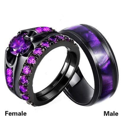 3PCS Amethyst Couple Rings 18k Black Gold Plated Womens Wedding Rings Sets and 8mm Titanium Steel Men Engagement Promise Band Party Ring - WORLD TIME VISITS
