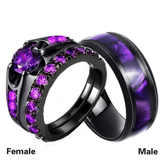 3PCS Amethyst Couple Rings 18k Black Gold Plated Womens Wedding Rings Sets and 8mm Titanium Steel Men Engagement Promise Band Party Ring - WORLD TIME VISITS