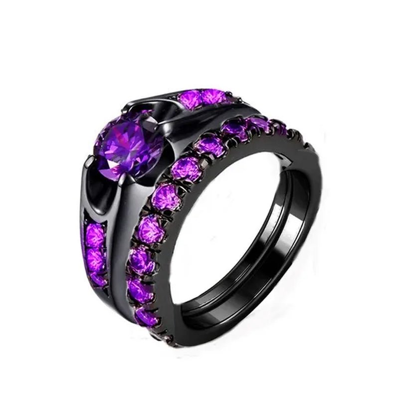 3PCS Amethyst Couple Rings 18k Black Gold Plated Womens Wedding Rings Sets and 8mm Titanium Steel Men Engagement Promise Band Party Ring - WORLD TIME VISITS