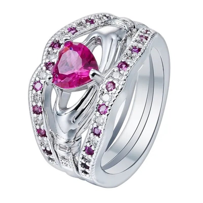 3Pcs Claddagh Heart Amethyst Wedding Ring Set 925 Sterling Silver Fashion Jewelry Size5-12