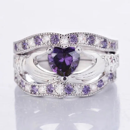3Pcs Claddagh Heart Amethyst Wedding Ring Set 925 Sterling Silver Fashion Jewelry Size5-12