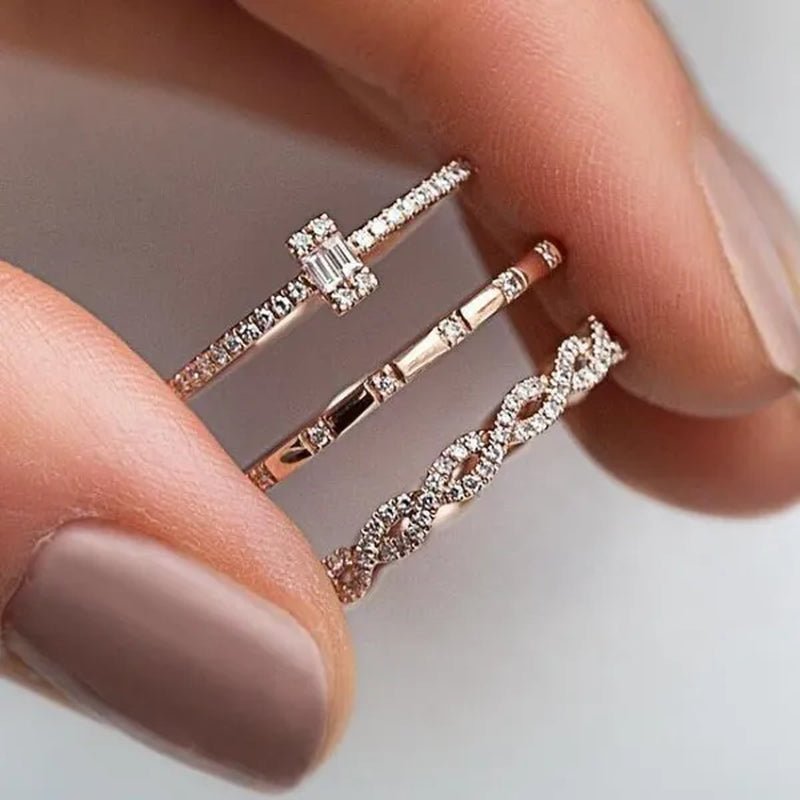 3PCS/Set Charm Cubic Zirconia Thin Stackable Twisted Ring Set Women Zircon Engagement Wedding Rings Band Rose Gold Plated Rings Jewelry Size US 5 - 10 - WORLD TIME VISITS