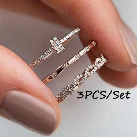 3PCS/Set Charm Cubic Zirconia Thin Stackable Twisted Ring Set Women Zircon Engagement Wedding Rings Band Rose Gold Plated Rings Jewelry Size US 5 - 10 - WORLD TIME VISITS