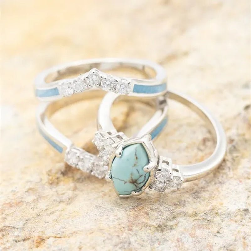 3Pcs/Set Exquisite and Elegant Inlaid Zircon and Turquoise Women'S Ring, Fashionable Bride Engagement Wedding Ring Set Promise Ring, Valentine'S Day, Birthday Gift for Her, Jewelry Accessories - WORLD TIME VISITS