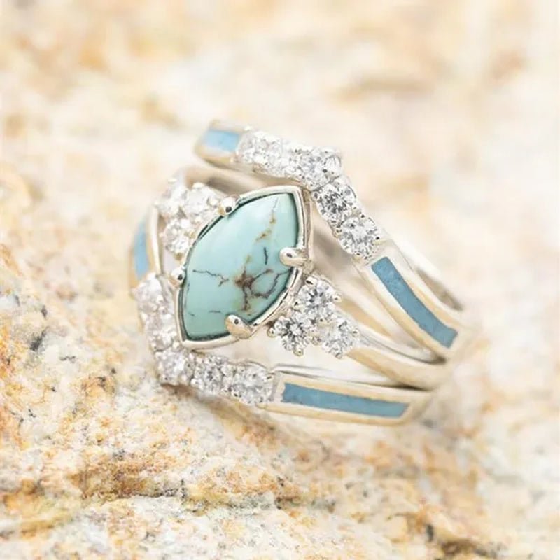 3Pcs/Set Exquisite and Elegant Inlaid Zircon and Turquoise Women'S Ring, Fashionable Bride Engagement Wedding Ring Set Promise Ring, Valentine'S Day, Birthday Gift for Her, Jewelry Accessories