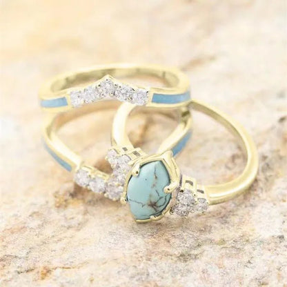 3Pcs/Set Exquisite and Elegant Inlaid Zircon and Turquoise Women'S Ring, Fashionable Bride Engagement Wedding Ring Set Promise Ring, Valentine'S Day, Birthday Gift for Her, Jewelry Accessories