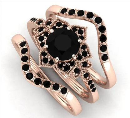 3Pcs/Set Pretty Women Black Zircon Ring Set Anniversary Gift Engagement Bridal Wedding Band Rings Jewelry Set Size 5-11