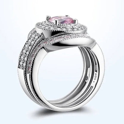3Pcs/Set Top Quality 925 Sterling Silver round Cut 8.8CT Pink & White Topaz Bridal Engagement Wedding Ring Sets