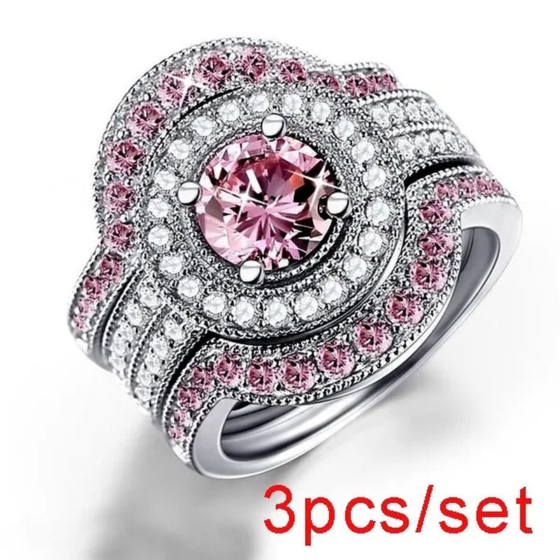 3Pcs/Set Top Quality 925 Sterling Silver round Cut 8.8CT Pink & White Topaz Bridal Engagement Wedding Ring Sets - WORLD TIME VISITS