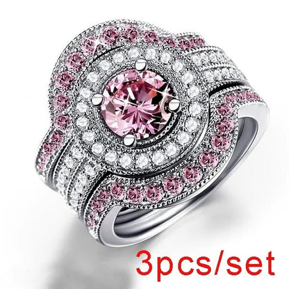 3Pcs/Set Top Quality 925 Sterling Silver round Cut 8.8CT Pink & White Topaz Bridal Engagement Wedding Ring Sets - WORLD TIME VISITS