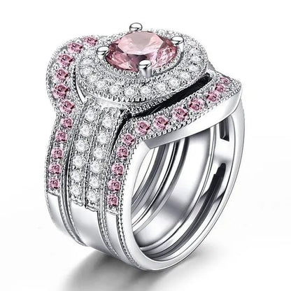 3Pcs/Set Top Quality 925 Sterling Silver round Cut 8.8CT Pink & White Topaz Bridal Engagement Wedding Ring Sets