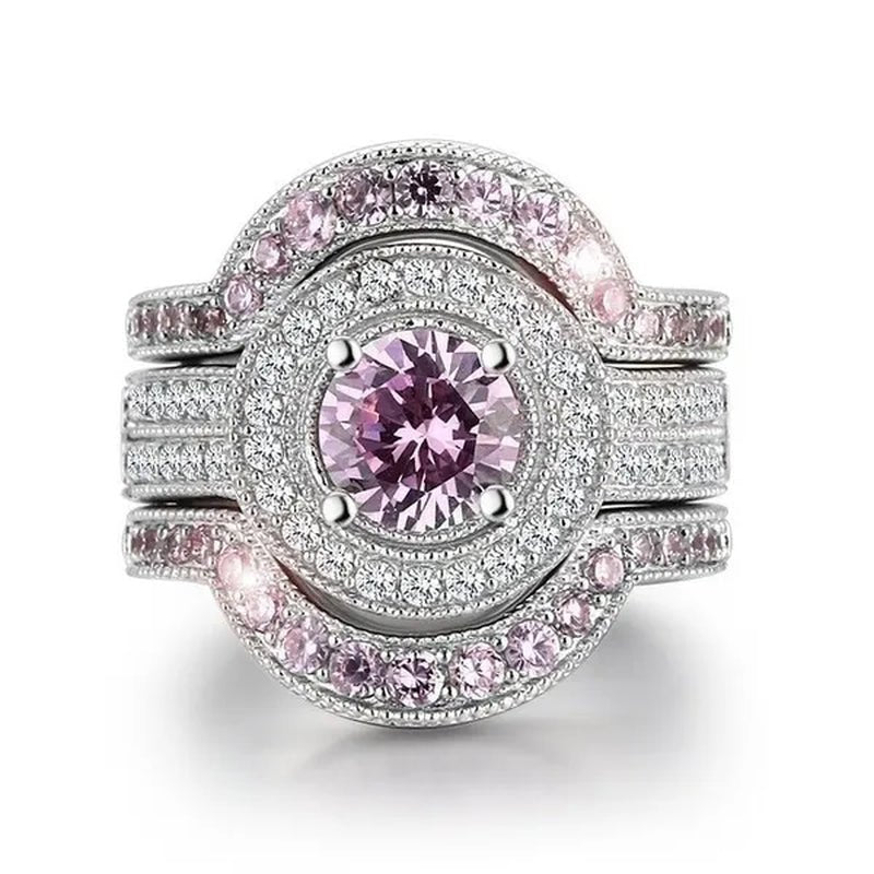 3Pcs/Set Top Quality 925 Sterling Silver round Cut 8.8CT Pink & White Topaz Bridal Engagement Wedding Ring Sets - WORLD TIME VISITS