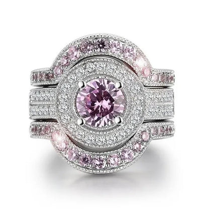 3Pcs/Set Top Quality 925 Sterling Silver round Cut 8.8CT Pink & White Topaz Bridal Engagement Wedding Ring Sets - WORLD TIME VISITS