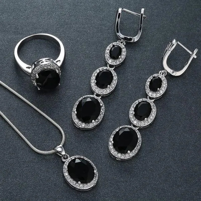 3Pcs/Set Women 925 Silver Plated Black Sapphire Ring Earrings Necklace Jewelry Set (Choice Color and Size)