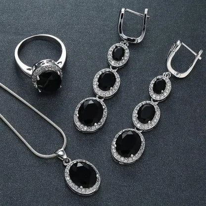 3Pcs/Set Women 925 Silver Plated Black Sapphire Ring Earrings Necklace Jewelry Set (Choice Color and Size)
