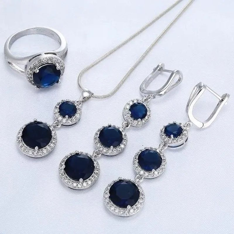 3Pcs/Set Women 925 Silver Plated Black Sapphire Ring Earrings Necklace Jewelry Set (Choice Color and Size)