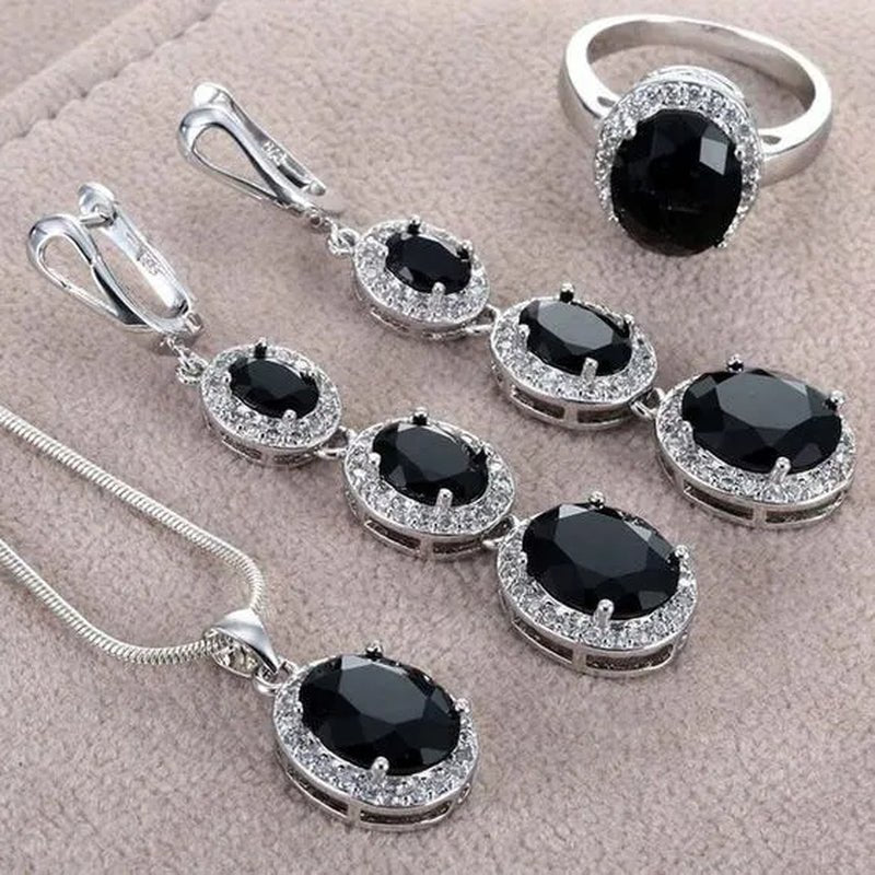 3Pcs/Set Women 925 Silver Plated Black Sapphire Ring Earrings Necklace Jewelry Set (Choice Color and Size) - WORLD TIME VISITS