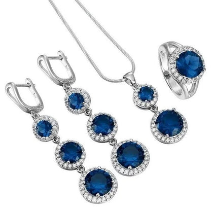 3Pcs/Set Women 925 Silver Plated Black Sapphire Ring Earrings Necklace Jewelry Set (Choice Color and Size)