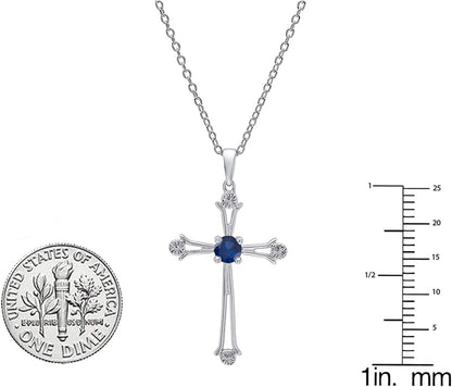 4 MM round Gemstone Ladies Cross Pendant (Silver Chain Included), Sterling Silver - WORLD TIME VISITS