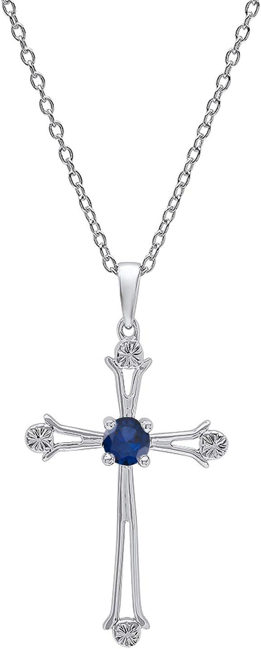 4 MM round Gemstone Ladies Cross Pendant (Silver Chain Included), Sterling Silver - WORLD TIME VISITS