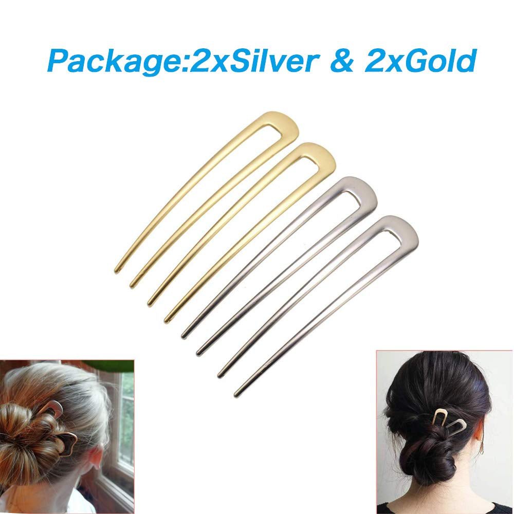 [4 Pack] U - Shape Hairpins, Bride Hair Accessories Hair Pins Clip Vintage Hair Stick,Hairstyle Chignon for Women Girls (Silver and Gold) - WORLD TIME VISITS