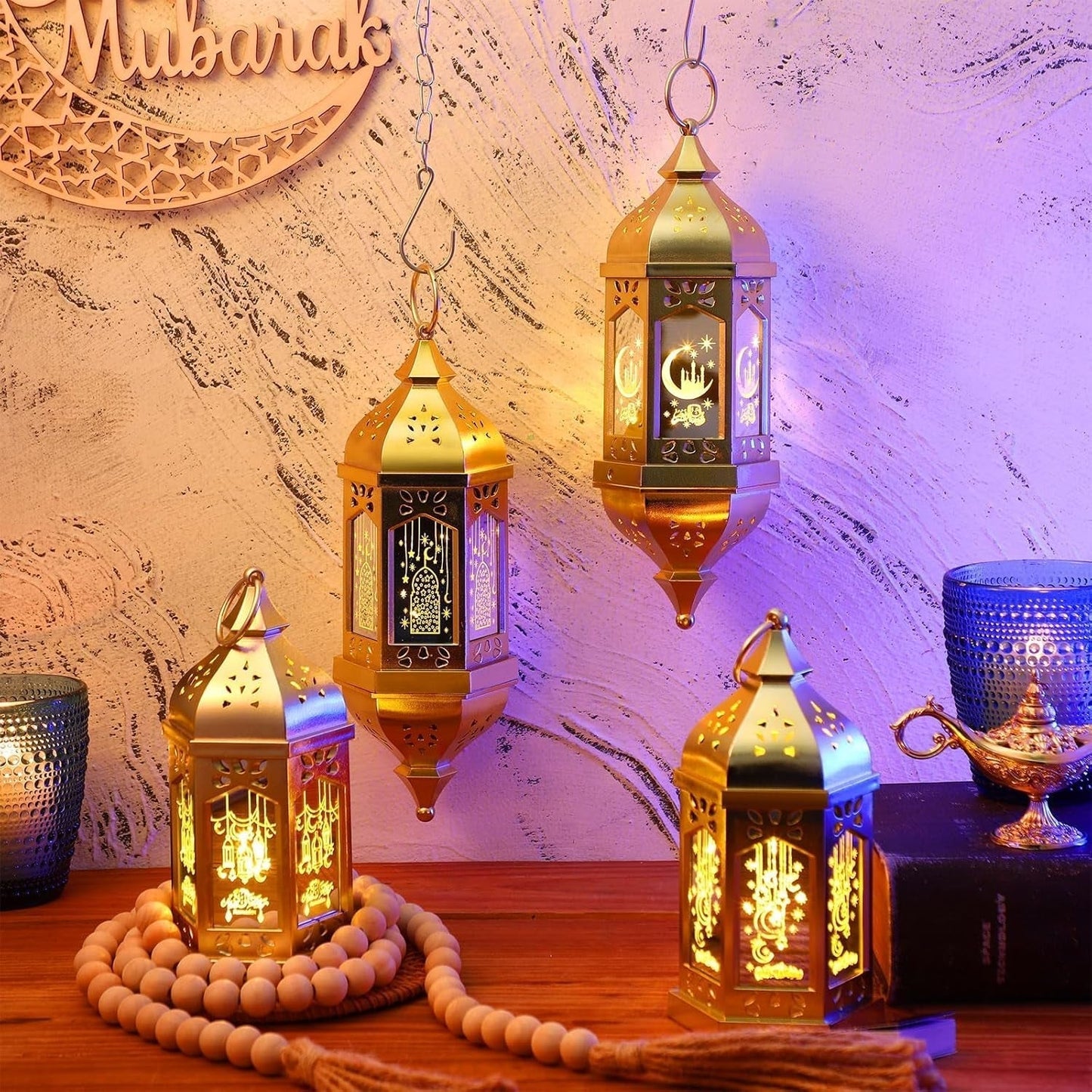 4 Pcs Ramadan Lantern Hanging Hexagon Decorations Ramadan Mubarak Lantern LED Eid Mubarak Lights Kids Gifts for Home Muslim Islam Festival Porch Decor(Electroplated Gold)
