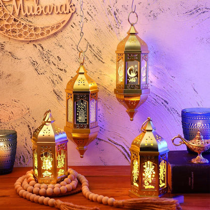 4 Pcs Ramadan Lantern Hanging Hexagon Decorations Ramadan Mubarak Lantern LED Eid Mubarak Lights Kids Gifts for Home Muslim Islam Festival Porch Decor(Electroplated Gold)