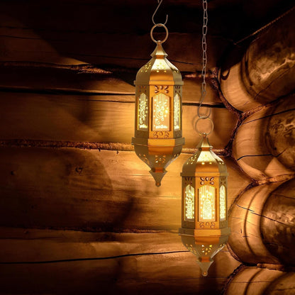 4 Pcs Ramadan Lantern Hanging Hexagon Decorations Ramadan Mubarak Lantern LED Eid Mubarak Lights Kids Gifts for Home Muslim Islam Festival Porch Decor(Electroplated Gold)